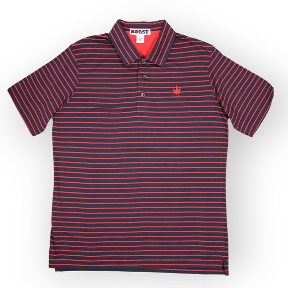 BOAST USA Men Medium Classic Jersey Striped Polo Shirt Navy Red Cotton Leaf Logo - Picture 13 of 14